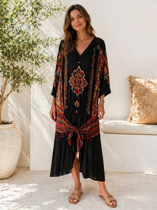 Carole Little Dresses & Skirts - Carole Little Size 10 Vintage Multicolor Boho Midi Dress With Tie Waist Beads